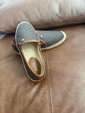Michael Kors Brown Monogram Espadrille Flats with Tan Trim